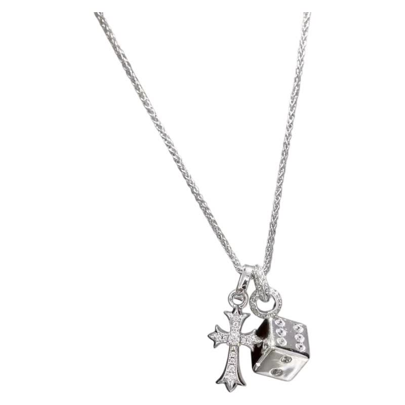 Chrome Hearts Silver Cross and Dice Charm Necklace